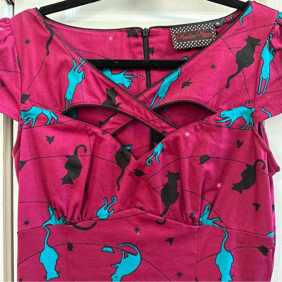 RARE Retro Vixen Voodoo Vintage dress with cats cranberry dress w/ kitties MED - Picture 2 of 5